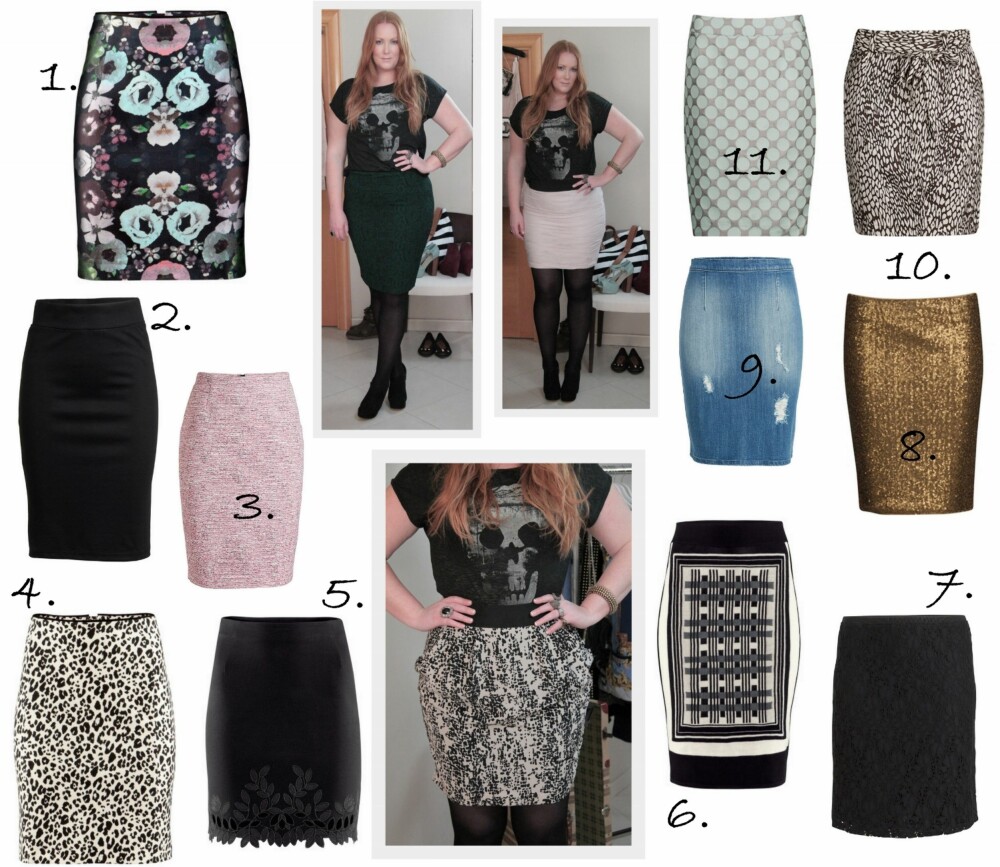 ET HAV AV BLYANTSKJØRT: 1. Blomstrete blyantskjørt fra H&M (kr 199), 2. Klassisk sort blyantskjørt fra Lindex (kr 199), 3. Melert og vevd blyantskjørt fra Lindex (kr 299), 4. Leopard blyantskjørt fra H&M (kr 249), 5. Blyantskjørt fra H&M (kr 249), 6. Grafisk blyantskjørt fra H&M (kr 399), 7. Blyantskjørt med blonder fra Lindex Generous (kr 299), 8. Sequin Skirt fra Vivikes (kr 499), 9. Jeansskjørt fra Lindex (kr 299), 10. Flower Skirt fra Vivikes (kr 399). ET HAV AV BLYANTSKJØRT: 1. Blomstrete blyantskjørt fra H&M (kr 199), 2. Klassisk sort blyantskjørt fra Lindex (kr 199), 3. Melert og vevd blyantskjørt fra Lindex (kr 299), 4. Leopard blyantskjørt fra H&M (kr 249), 5. Blyantskjørt fra H&M (kr 249), 6. Grafisk blyantskjørt fra H&M (kr 399), 7. Blyantskjørt med blonder fra Lindex Generous (kr 299), 8. Sequin Skirt fra Vivikes (kr 499), 9. Jeansskjørt fra Lindex (kr 299), 10. Flower Skirt fra Vivikes (kr 399).