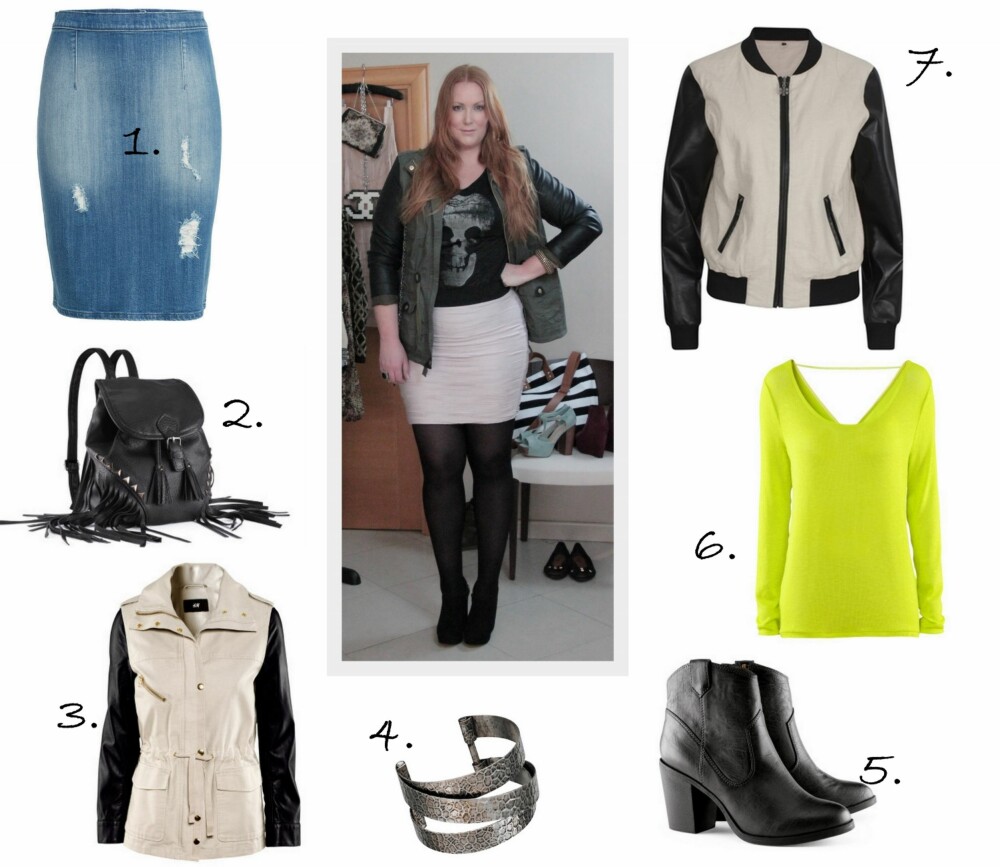 LOOKEN SOM PASSER TIL ALT: 1. Jeansskjørt fra Lindex (kr 299), 2. Ryggsekk fra H&M (kr 199), 3. Double Texture jakke fra H&M (kr 499), 4. Armbånd fra Ellos (kr 99), 5. Ankelboots fra H&M (kr 299), 6. Neonfarget genser fra H&M (kr 149), 7. Linen Leather Jacket fra Vivikes (kr 1999). LOOKEN SOM PASSER TIL ALT: 1. Jeansskjørt fra Lindex (kr 299), 2. Ryggsekk fra H&M (kr 199), 3. Double Texture jakke fra H&M (kr 499), 4. Armbånd fra Ellos (kr 99), 5. Ankelboots fra H&M (kr 299), 6. Neonfarget genser fra H&M (kr 149), 7. Linen Leather Jacket fra Vivikes (kr 1999).