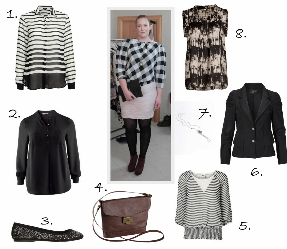 JOBBANTREKKET: 1. Bluse fra Lindex (kr 299), 2. Bluse fra HM+ ( kr 299), 3. Ballerinasko fra Skopunkten (kr 199), 4. Skulderveske fra Ellos (kr 200), 5. Marine Dicte Topp fra Vero Moda (kr 199,95), 6. Zay jakke fra Ellos (kr 699), 7. Halsskjede fra Ellos (kr 199), 8. Printed Top fra Vivikes (kr 299). JOBBANTREKKET: 1. Bluse fra Lindex (kr 299), 2. Bluse fra HM+ ( kr 299), 3. Ballerinasko fra Skopunkten (kr 199), 4. Skulderveske fra Ellos (kr 200), 5. Marine Dicte Topp fra Vero Moda (kr 199,95), 6. Zay jakke fra Ellos (kr 699), 7. Halsskjede fra Ellos (kr 199), 8. Printed Top fra Vivikes (kr 299).