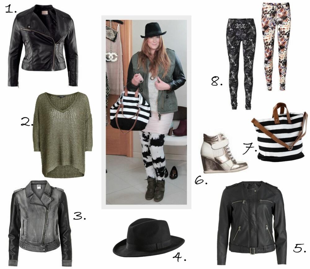 MED VENNINNENE: 1. Bikerjakke fra HM+ (kr 599), 2. Oversized genser fra Lindex Generous (kr 399), 3. Cool LS Biker Denim Jacket fra Vero Moda (kr 499,95), 4. Hatt i 100% ull fra Ellos (kr 100), 5. Bikerjakke fra Lindex Generous (kr 599), 6. Kilehæl-sneakers fra Din Sko (kr 399), 7. Sailor Veske fra Ellos (kr 499), 8. Alma Printes Leggings fra Vero Moda (kr 99,95 per stk.). MED VENNINNENE: 1. Bikerjakke fra HM+ (kr 599), 2. Oversized genser fra Lindex Generous (kr 399), 3. Cool LS Biker Denim Jacket fra Vero Moda (kr 499,95), 4. Hatt i 100% ull fra Ellos (kr 100), 5. Bikerjakke fra Lindex Generous (kr 599), 6. Kilehæl-sneakers fra Din Sko (kr 399), 7. Sailor Veske fra Ellos (kr 499), 8. Alma Printes Leggings fra Vero Moda (kr 99,95 per stk.).