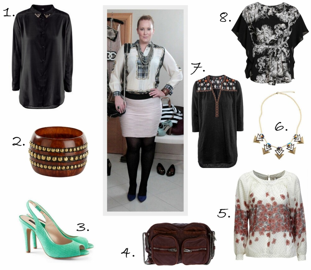 SELSKAP: 1. Bluse med kravespenner fra H&M (kr 149), 2. Armbånd fra Ellos (kr 149), 3. Slingback pumps fra H&M (kr 499), 4. Brenda Bag i Burgundy fra Alexander Wang - Farfetch.com (ca. kr 5000), 5. Pepe Jeans Bluse fra Ellos (kr 799), 6. Halskjede fra H&M (kr 99), 7. Topp fra H&M (kr 199), 8. Topp fra Lindex Generous (kr 399). SELSKAP: 1. Bluse med kravespenner fra H&M (kr 149), 2. Armbånd fra Ellos (kr 149), 3. Slingback pumps fra H&M (kr 499), 4. Brenda Bag i Burgundy fra Alexander Wang - Farfetch.com (ca. kr 5000), 5. Pepe Jeans Bluse fra Ellos (kr 799), 6. Halskjede fra H&M (kr 99), 7. Topp fra H&M (kr 199), 8. Topp fra Lindex Generous (kr 399).