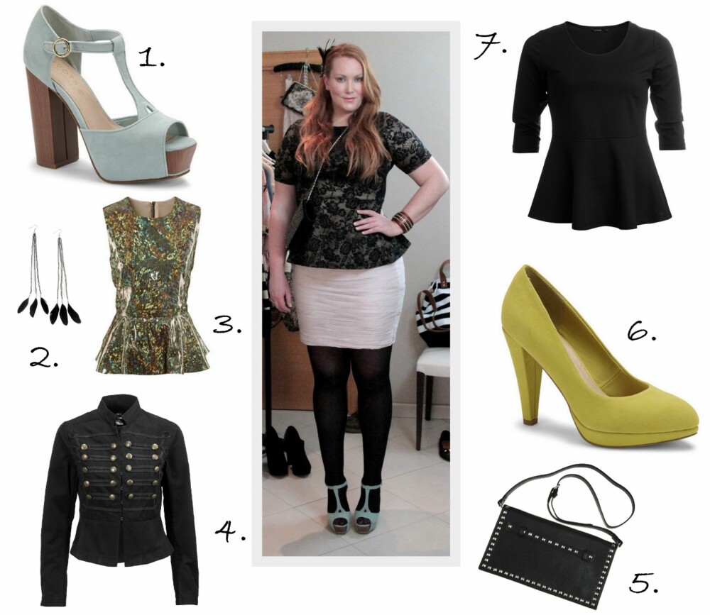 PARTY: 1. Mint Green Mary Janes Platå fra Eurosko (kr 699), 2. Øredobber med fjær fra Glitter (kr 99,90), 3. Peplumtopp fra H&M (kr 399), 4. Retro jakke fra Ellos (kr 499), 5. Clutch med nagler fra Glitter (kr 249), 6. Pumps fra Eurosko (kr 799), 7. Peplumtopp fra Lindex Generous (kr 199). PARTY: 1. Mint Green Mary Janes Platå fra Eurosko (kr 699), 2. Øredobber med fjær fra Glitter (kr 99,90), 3. Peplumtopp fra H&M (kr 399), 4. Retro jakke fra Ellos (kr 499), 5. Clutch med nagler fra Glitter (kr 249), 6. Pumps fra Eurosko (kr 799), 7. Peplumtopp fra Lindex Generous (kr 199).
