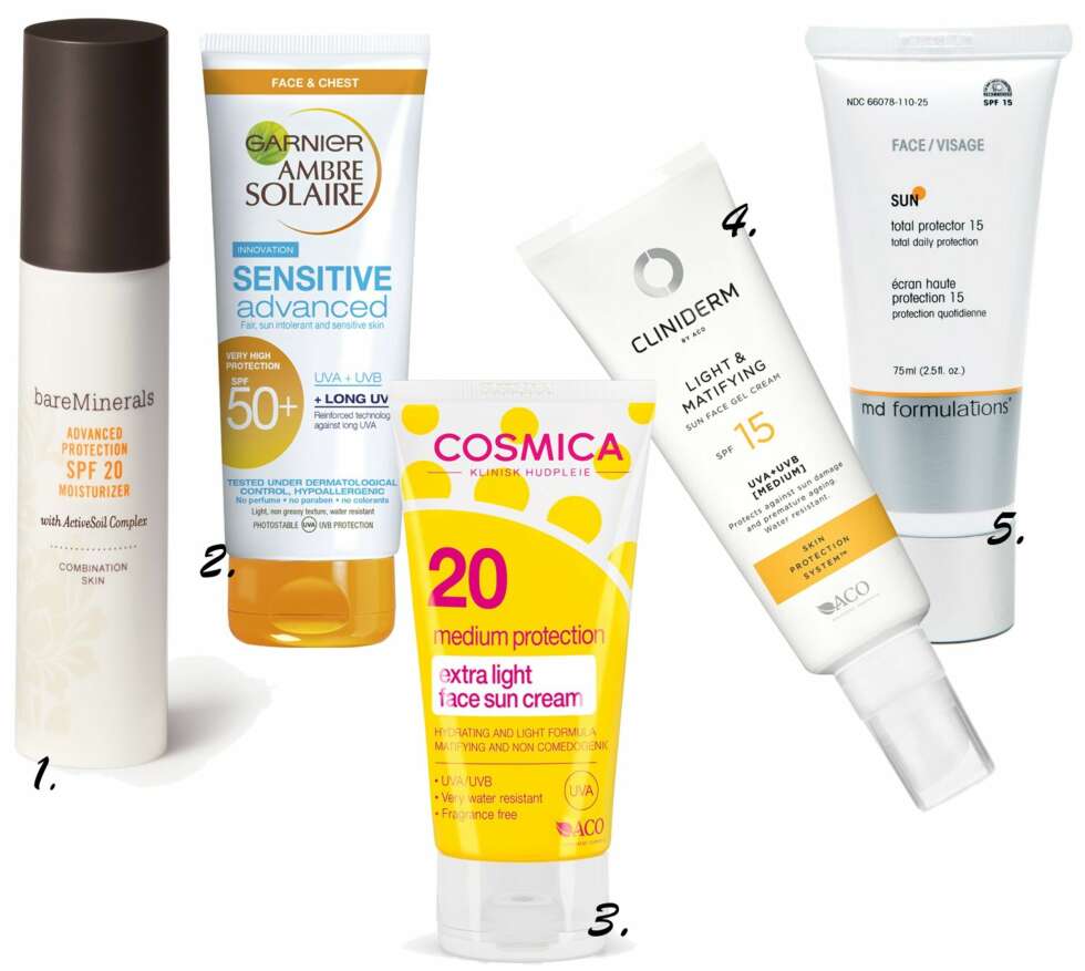 SOLKREMER TIL FET HUD: 1.bareMinerals Advanced Protection SPF 20, kr 489. 2.Garnier Ambre Solaire SPF 30, kr 159. 3.Cosmica SPF 20, kr 149. 4.Cliniderm Sun Face Gel Cream SPF 15, kr 165. 5.md Formulations Total Protector SPF 15, kr 355. SOLKREMER TIL FET HUD: 1.bareMinerals Advanced Protection SPF 20, kr 489. 2.Garnier Ambre Solaire SPF 30, kr 159. 3.Cosmica SPF 20, kr 149. 4.Cliniderm Sun Face Gel Cream SPF 15, kr 165. 5.md Formulations Total Protector SPF 15, kr 355.