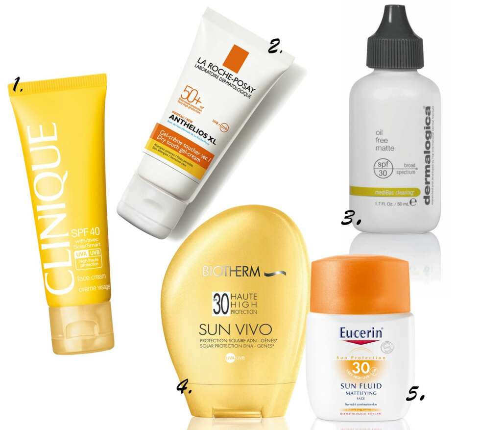 SOLKREMER TIL FET HUD: 1.Clinique SPF 40, kr 240. 2.La Roche-Posay SPF 50+, kr 199 3.Biotherm Sun Vivo SPF 30, kr 275. 4.Eucerin Sun Face Fluid SPF 30, kr 189. 5.Dermalogica Oil Free Matte SPF 30, kr 690. SOLKREMER TIL FET HUD: 1.Clinique SPF 40, kr 240. 2.La Roche-Posay SPF 50+, kr 199 3.Biotherm Sun Vivo SPF 30, kr 275. 4.Eucerin Sun Face Fluid SPF 30, kr 189. 5.Dermalogica Oil Free Matte SPF 30, kr 690.