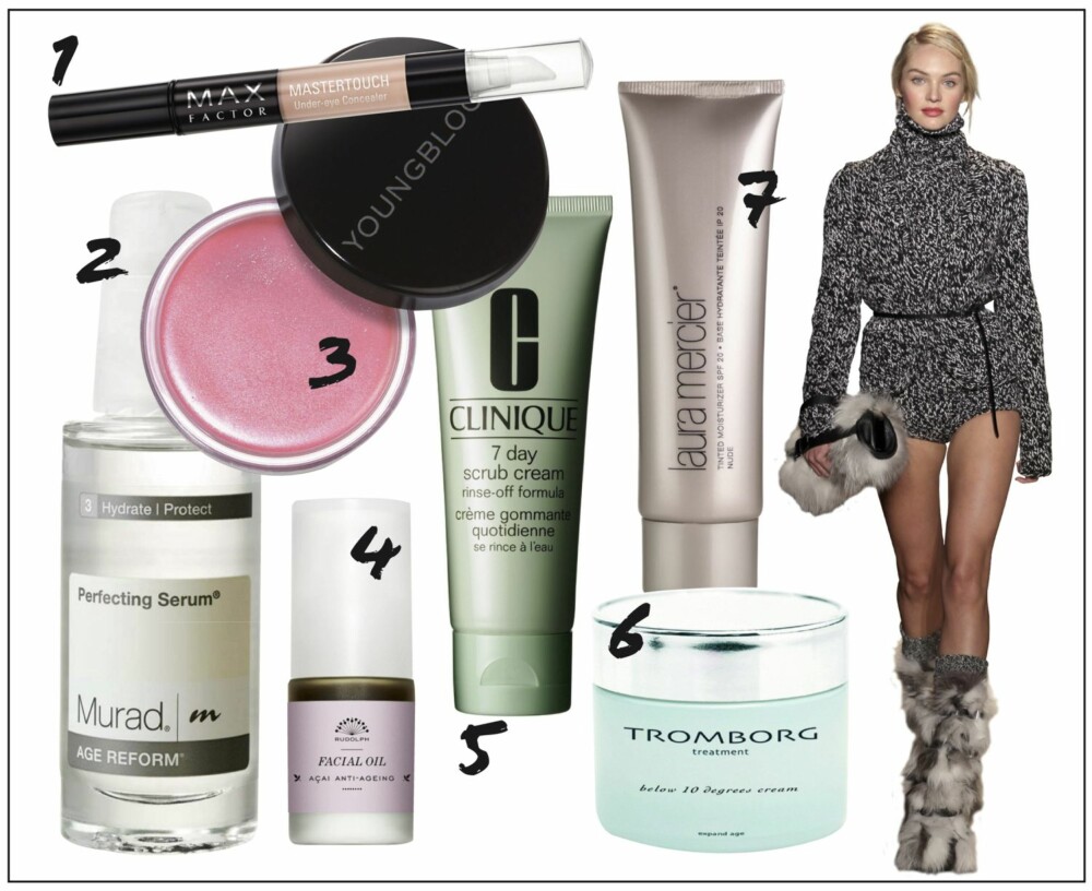 SARAS BESTE TIPS: 1. Mastertouch concealer fra Max Factor, kr 95,- 2. Perfecting serum fra Murad, kr 595,- 3. Cremeblush fra Youngblood i fargen taffeta, kr 319,- 4. Facial oil fra Rudolph, kr 550,- 5. 7 day scrub cream fra Clinique, kr 235,- 6. Below 10 degrees cream fra Tromborg, kr 724,- 7. Tinted moisturizer fra Laura Mercier, kr 495,- SARAS BESTE TIPS: 1. Mastertouch concealer fra Max Factor, kr 95,- 2. Perfecting serum fra Murad, kr 595,- 3. Cremeblush fra Youngblood i fargen taffeta, kr 319,- 4. Facial oil fra Rudolph, kr 550,- 5. 7 day scrub cream fra Clinique, kr 235,- 6. Below 10 degrees cream fra Tromborg, kr 724,- 7. Tinted moisturizer fra Laura Mercier, kr 495,-