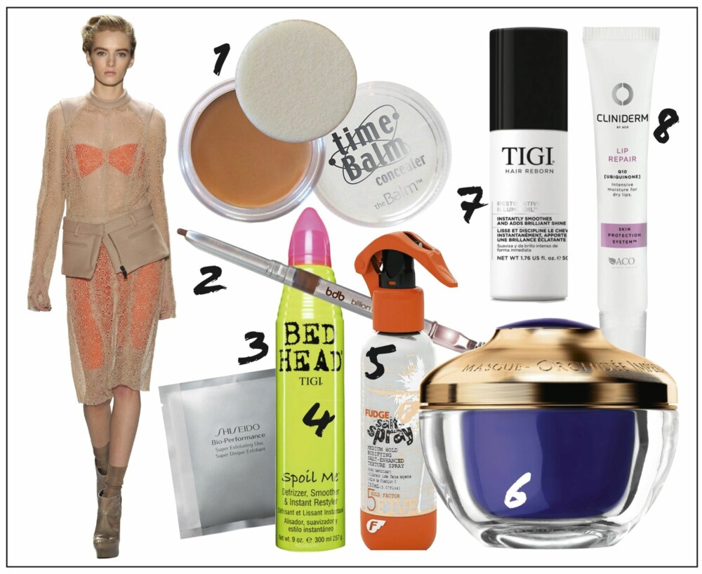 KRISTINS BESTE TIPS: 1. Time balm concealer fra The Balm, kr 169,- 2. Billion dollar brows universal pencil, kr 195,- 3. Super exofoliating discs fra Shiseido, kr 620,- 4. Bed Head Tigi Spoil Me defrizzer smoother, kr 226,- 5. Saltspray fra Fudge, kr 199,- 6. Orchidee Imperiale Exceptional Complete Care Mask fra Guerlain, kr 1317,- 7. Tigi Hair reborn restorative illuminoil, kr 300,- 8. Lip repair fra Cliniderm, kr 99,- KRISTINS BESTE TIPS: 1. Time balm concealer fra The Balm, kr 169,- 2. Billion dollar brows universal pencil, kr 195,- 3. Super exofoliating discs fra Shiseido, kr 620,- 4. Bed Head Tigi Spoil Me defrizzer smoother, kr 226,- 5. Saltspray fra Fudge, kr 199,- 6. Orchidee Imperiale Exceptional Complete Care Mask fra Guerlain, kr 1317,- 7. Tigi Hair reborn restorative illuminoil, kr 300,- 8. Lip repair fra Cliniderm, kr 99,-