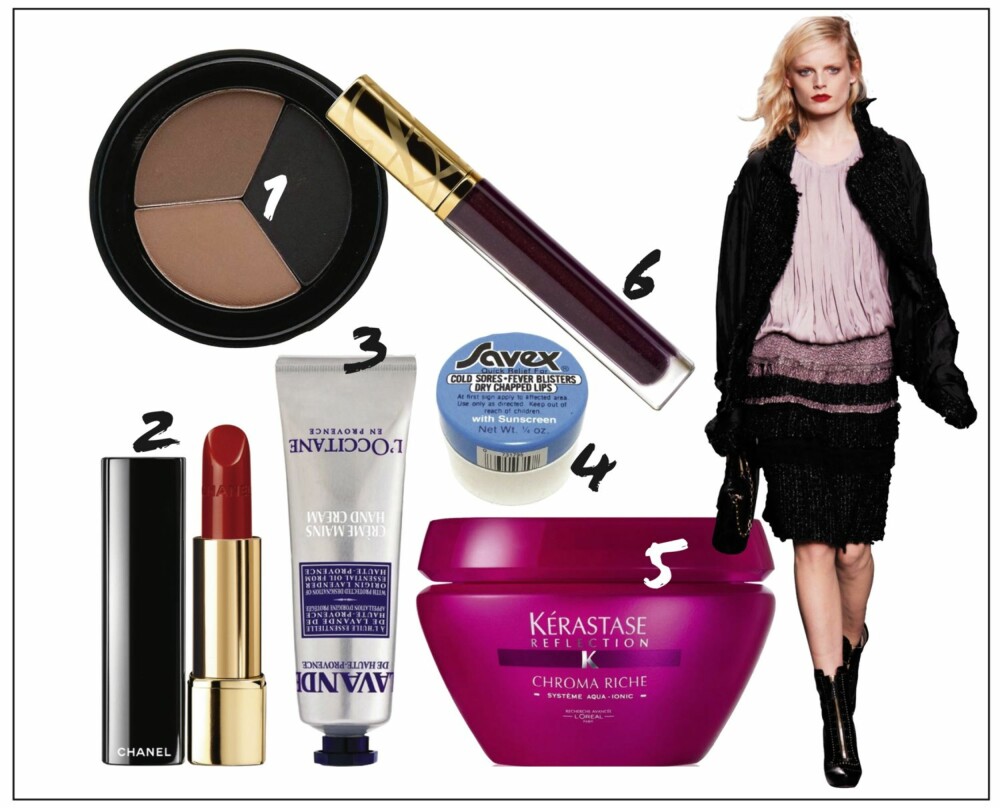 MIRIAMS BESTE TIPS: 1. Tri color fra Make Up Store, kr 185,- 2. Leppestift i fargen coromandel fra Chanel, kr 305,- 3. L`Occitane lavande hand cream, kr 79,- 4. Leppebalsam fra Savex, kr 55,- 5. Hårkuren Chroma Riche fra Kèrastase, kr 360,- 6. Lipgloss fra Estèe Lauder i fargen plum divine, kr 245,- MIRIAMS BESTE TIPS: 1. Tri color fra Make Up Store, kr 185,- 2. Leppestift i fargen coromandel fra Chanel, kr 305,- 3. L`Occitane lavande hand cream, kr 79,- 4. Leppebalsam fra Savex, kr 55,- 5. Hårkuren Chroma Riche fra Kèrastase, kr 360,- 6. Lipgloss fra Estèe Lauder i fargen plum divine, kr 245,-