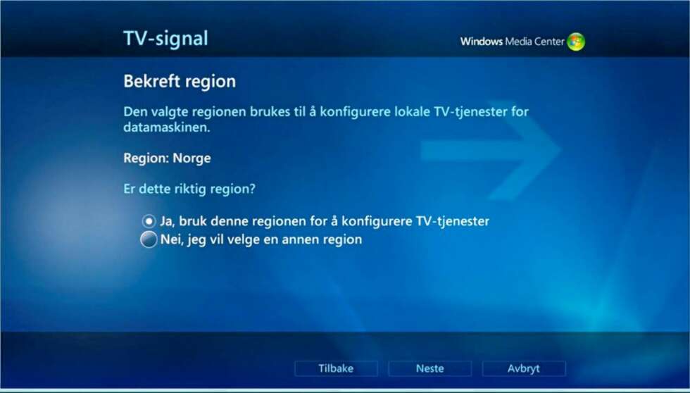 Å sette riktig region, det vil si land, er viktig for at du skal få rett TV-guide. Trykk neste. Å sette riktig region, det vil si land, er viktig for at du skal få rett TV-guide. Trykk neste.