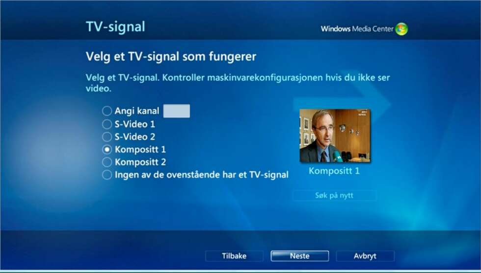 Dersom du har koblet sammen dekoder og PC riktig, vil MediaCenter selv søke fram rett inngang og forhåndsvise TV-sendingen. Trykk Neste. Dersom du har koblet sammen dekoder og PC riktig, vil MediaCenter selv søke fram rett inngang og forhåndsvise TV-sendingen. Trykk Neste.