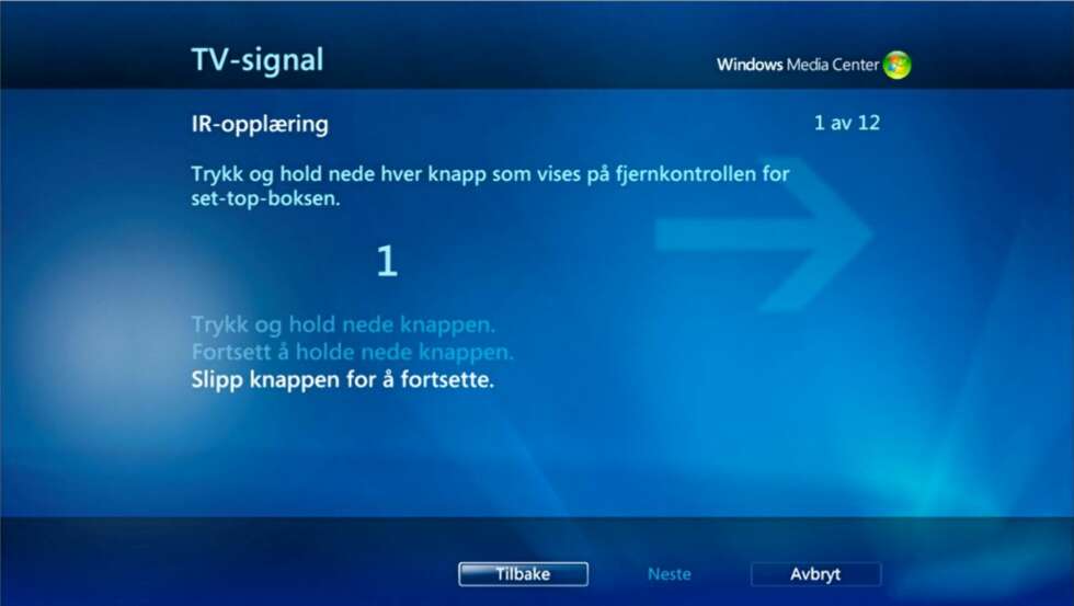 Følg instruksjonene på skjermen når du trykker ned og holder tastene på dekoderens fjernkontroll. Det kan hende du må gjøre det flere ganger pr. knapp. Gjenta denne prosedyren på alle tallknappene slik instruksjonene sier på skjermen. Trykk Neste når du er ferdig. Følg instruksjonene på skjermen når du trykker ned og holder tastene på dekoderens fjernkontroll. Det kan hende du må gjøre det flere ganger pr. knapp. Gjenta denne prosedyren på alle tallknappene slik instruksjonene sier på skjermen. Trykk Neste når du er ferdig.