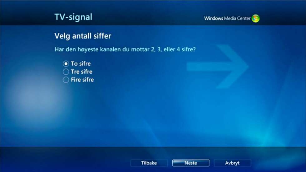 Når Media Center kommanderer kanalskifte, vil den sende tallkomandoer til dekoderen. Derfor må du krysse av for hvor mange kanaler du mottar. Trykk deretter Neste. Når Media Center kommanderer kanalskifte, vil den sende tallkomandoer til dekoderen. Derfor må du krysse av for hvor mange kanaler du mottar. Trykk deretter Neste.