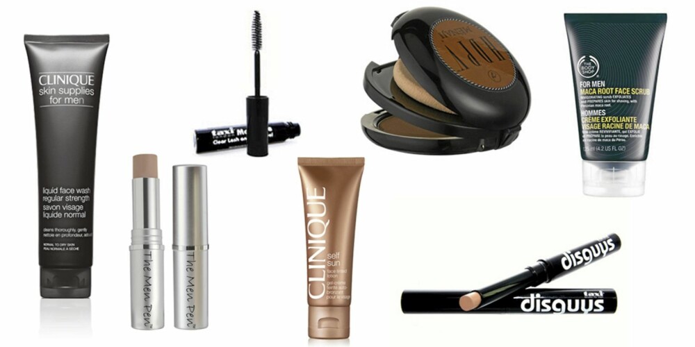 FRA VENSTRE: Clinique Liquid Face Wash (kr 125), The Men Pen Concealer (kr 110), Taxi Mascara (kr 68), Clinique Face Tinted Lotion (kr 140), Menaji Anti-shine Powder (kr 210 ), Taxi Concealer( kr 59), The Body Shop Maca Root Face Scrub (kr 79). FRA VENSTRE: Clinique Liquid Face Wash (kr 125), The Men Pen Concealer (kr 110), Taxi Mascara (kr 68), Clinique Face Tinted Lotion (kr 140), Menaji Anti-shine Powder (kr 210 ), Taxi Concealer( kr 59), The Body Shop Maca Root Face Scrub (kr 79).