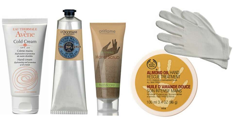 FRA VENSTRE: Avene Cold Cream (kr 109), L'Occitane Hand Cream (kr 229), Oriflame Hand Scrub (kr 89), The Body Shop Hand Rescue Treatment (kr 129) og The Body Shop Moisturising Gloves (kr 89). FRA VENSTRE: Avene Cold Cream (kr 109), L'Occitane Hand Cream (kr 229), Oriflame Hand Scrub (kr 89), The Body Shop Hand Rescue Treatment (kr 129) og The Body Shop Moisturising Gloves (kr 89).