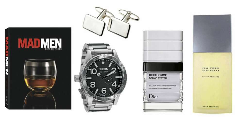 FRA VENSTRE: Mad Men Sesong 1-3 (kr 499/Platekompaniet), klokke fra Nixon (kr 4800/Klokker.no), mansjettknapper fra Thune (kr 695), dagkrem fra Dior Homme (kr 470) og duft fra Issey Miyake (kr 399). FRA VENSTRE: Mad Men Sesong 1-3 (kr 499/Platekompaniet), klokke fra Nixon (kr 4800/Klokker.no), mansjettknapper fra Thune (kr 695), dagkrem fra Dior Homme (kr 470) og duft fra Issey Miyake (kr 399).