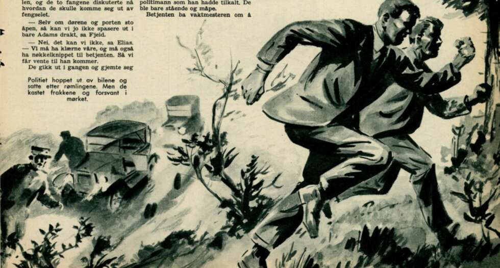 En illustrasjon fra artikkelserien i 1960 viser Tønnesen og Fjeld som rømmer. En illustrasjon fra artikkelserien i 1960 viser Tønnesen og Fjeld som rømmer.
