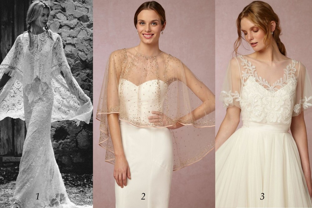 Cape, boleroer, og blondetopper er perfekt til den bohemske stilen, og kan gjerne brukes til fordel for slør.
1. Cape fra gracelovelace.au, 2. Cape fra Bhldn.com, 3. Blondetopp fra Bhldn.com. Cape, boleroer, og blondetopper er perfekt til den bohemske stilen, og kan gjerne brukes til fordel for slør.
1. Cape fra gracelovelace.au, 2. Cape fra Bhldn.com, 3. Blondetopp fra Bhldn.com.