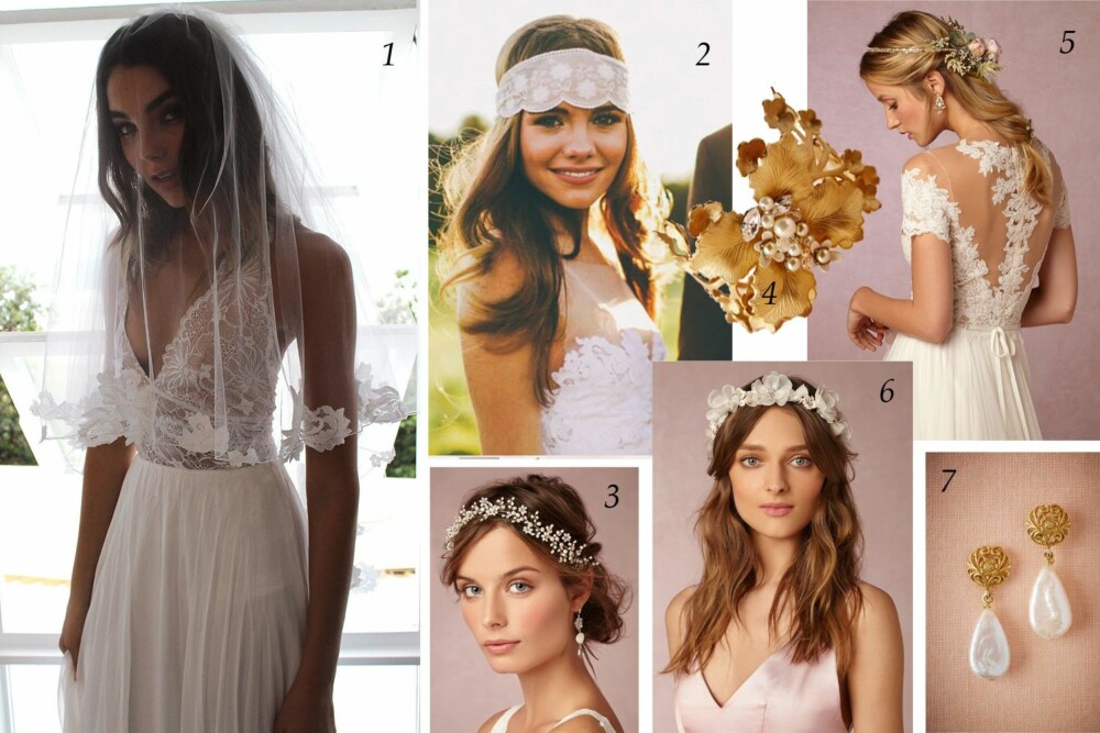 Hårpynt, bånd og slør setter prikken over i'en på denne trenden.
1. Slør fra Grace Love Lace, 2. Hårbånd fra Grace Love Lace, 3. Perlebånd fra Bhldn.com, 4. Armbånd fra Bhldn.com, 5. Hårbånd fra Bhldn.com, 6. Blomsterkrans fra Bhldn.com, 7. øredobber fra Bhldn.com. Hårpynt, bånd og slør setter prikken over i'en på denne trenden.
1. Slør fra Grace Love Lace, 2. Hårbånd fra Grace Love Lace, 3. Perlebånd fra Bhldn.com, 4. Armbånd fra Bhldn.com, 5. Hårbånd fra Bhldn.com, 6. Blomsterkrans fra Bhldn.com, 7. øredobber fra Bhldn.com.
