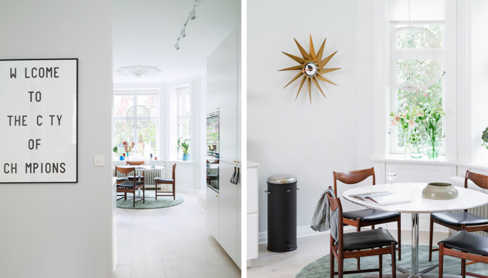 UTVIDET KJØKKENET: Det runde, langhårede teppet fra Ikea ringer inn mid-century-møblementet, som aldri går av moten. Pendellampen er Foscarini Spokes. Diskrete rullegardiner lar de flotte vinduene komme til sin rett. Legg merke til hvordan flere runde former, sånn som på teppet, bordet og vasene, til sammen skaper en spennende helhet. Foto: Elisabeth Aarhus. UTVIDET KJØKKENET: Det runde, langhårede teppet fra Ikea ringer inn mid-century-møblementet, som aldri går av moten. Pendellampen er Foscarini Spokes. Diskrete rullegardiner lar de flotte vinduene komme til sin rett. Legg merke til hvordan flere runde former, sånn som på teppet, bordet og vasene, til sammen skaper en spennende helhet. Foto: Elisabeth Aarhus.