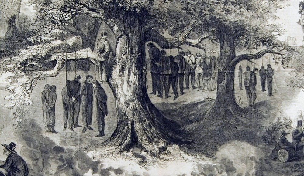 Lynsjingen av Reno-banden var langt ifra unik. Her en avisillustrasjon kalt "The Great Hanging at Gainesville" fra 1862. Lynsjingen av Reno-banden var langt ifra unik. Her en avisillustrasjon kalt "The Great Hanging at Gainesville" fra 1862.