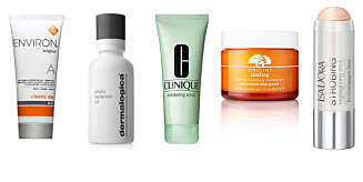 PRODUKTER SOM GIR GLØD: Environ dagkrem med A vitamin. Dermalogica phyto replenish oil, en ansiktsolje som fukter og beskytter huden. Clinique exfoliating scrub. Origins GinZing ansiktskrem som gir deg energiboost. IsaDora Strobing highlightinger på stick som påføres der du vil ha ekstra glød i ansiktet. FOTO: Produsentene PRODUKTER SOM GIR GLØD: Environ dagkrem med A vitamin. Dermalogica phyto replenish oil, en ansiktsolje som fukter og beskytter huden. Clinique exfoliating scrub. Origins GinZing ansiktskrem som gir deg energiboost. IsaDora Strobing highlightinger på stick som påføres der du vil ha ekstra glød i ansiktet. FOTO: Produsentene
