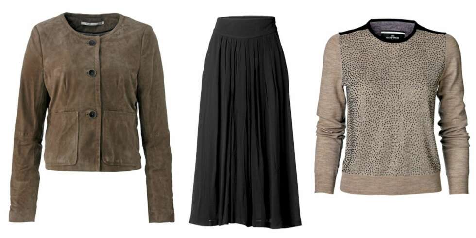 FRA VENSTRE: skinnjakke fra Part Two (kr 3999), skjørt fra MQ (kr 499), genser fra By Malene Birger (kr 2000). FRA VENSTRE: skinnjakke fra Part Two (kr 3999), skjørt fra MQ (kr 499), genser fra By Malene Birger (kr 2000).