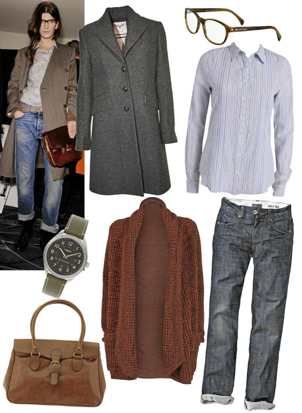 FRA VENSTRE: frakk fra Sand (kr 4195), briller fra Giorgio Armani (kr 2600), skjorte fra Nelly (kr 749), klokke fra Asos (kr 600), jakke fra Vero Moda (kr 260), bukse fra Marc O`Polo (kr 1499), veske fra Morris (kr 349). FRA VENSTRE: frakk fra Sand (kr 4195), briller fra Giorgio Armani (kr 2600), skjorte fra Nelly (kr 749), klokke fra Asos (kr 600), jakke fra Vero Moda (kr 260), bukse fra Marc O`Polo (kr 1499), veske fra Morris (kr 349).