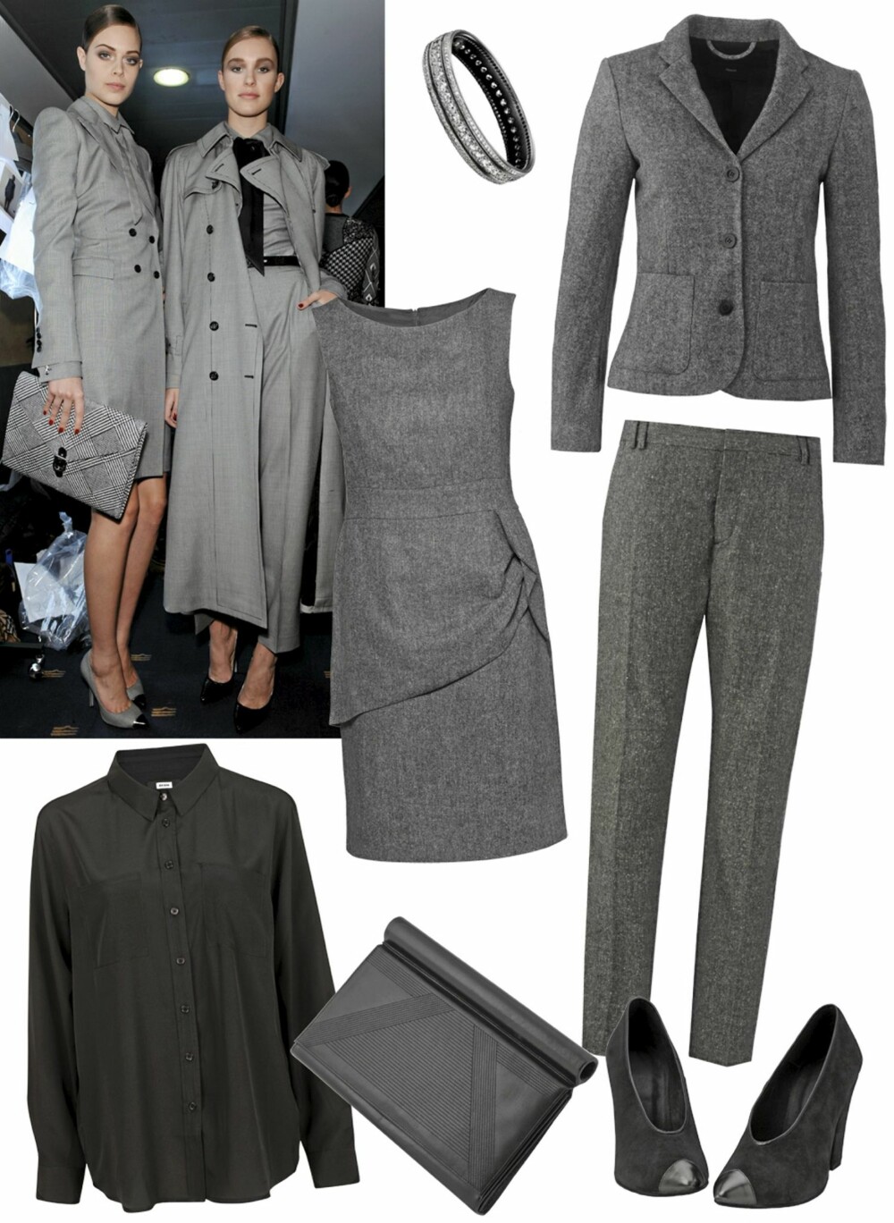FRA VENSTRE: armbånd fra Julie Sandlau (kr 14 100), blazer fra Filippa K (kr 2200), kjole fra Kappahl (kr 399), bukse fra HogM (kr 499), skjorte fra Bik Bok (kr 199), clutch fra Whyred (kr 2600), sko fra Black Lily (kr 1800). FRA VENSTRE: armbånd fra Julie Sandlau (kr 14 100), blazer fra Filippa K (kr 2200), kjole fra Kappahl (kr 399), bukse fra HogM (kr 499), skjorte fra Bik Bok (kr 199), clutch fra Whyred (kr 2600), sko fra Black Lily (kr 1800).