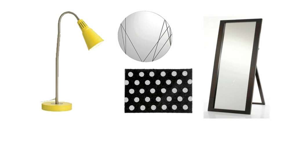 LAVBUDSJETT: Bordlampen Kvart fra Ikea, kr. 89. Speilet Vänna med strikker hvor du kan henge opp huskelapper. Fra Ikea, kr. 299. Prikkete dørmatte, 45 x 68 cm fra Ellos, kr 99. Gulvspeil fra Ellos, kr. 549. LAVBUDSJETT: Bordlampen Kvart fra Ikea, kr. 89. Speilet Vänna med strikker hvor du kan henge opp huskelapper. Fra Ikea, kr. 299. Prikkete dørmatte, 45 x 68 cm fra Ellos, kr 99. Gulvspeil fra Ellos, kr. 549.