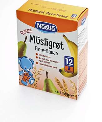 FRA 12 MÅNEDER: Nestle Musligrøt pære-banan. FRA 12 MÅNEDER: Nestle Musligrøt pære-banan.