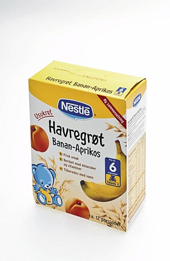 FRA 6 MÅNEDER: Nestle havregrøt med tørket banan og aprikos. FRA 6 MÅNEDER: Nestle havregrøt med tørket banan og aprikos.