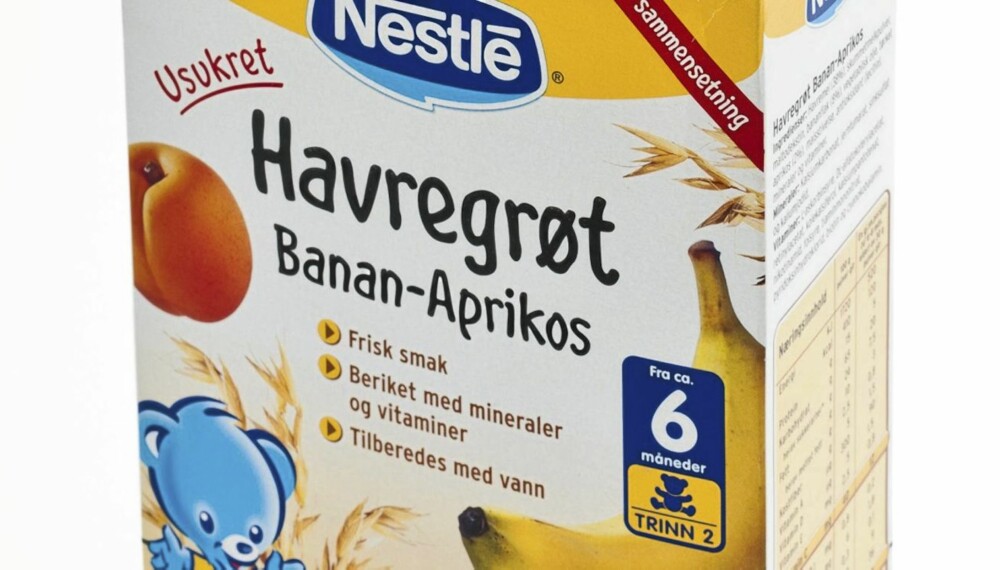 FRA 6 MÅNEDER: Nestle havregrøt med tørket banan og aprikos. FRA 6 MÅNEDER: Nestle havregrøt med tørket banan og aprikos.