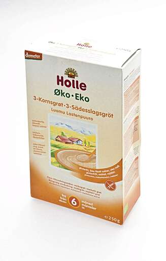 FRA 6 MÅNEDER: Holle øko 3-kornsgrøt. FRA 6 MÅNEDER: Holle øko 3-kornsgrøt.