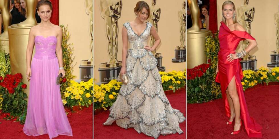 VAKRE KJOLER: Natalie Portman i Rodarte, Miley Cyrus i Zuhair Murad og Heidi Klum i Roland Mouret. VAKRE KJOLER: Natalie Portman i Rodarte, Miley Cyrus i Zuhair Murad og Heidi Klum i Roland Mouret.