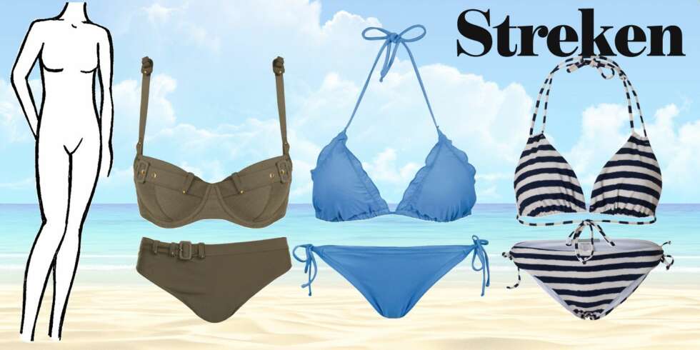 BIKINITIPS FOR DEG SOM ER LANG OG SMAL: Armygrønt sett fra Marlies Dekkers, kr 1300,- og 690,-, Bikini med rysjer fra Bik Bok, kr 99,- pr. del., Stripete bikini fra Samsøe Samsøe, kr 250,- pr. del. BIKINITIPS FOR DEG SOM ER LANG OG SMAL: Armygrønt sett fra Marlies Dekkers, kr 1300,- og 690,-, Bikini med rysjer fra Bik Bok, kr 99,- pr. del., Stripete bikini fra Samsøe Samsøe, kr 250,- pr. del.
