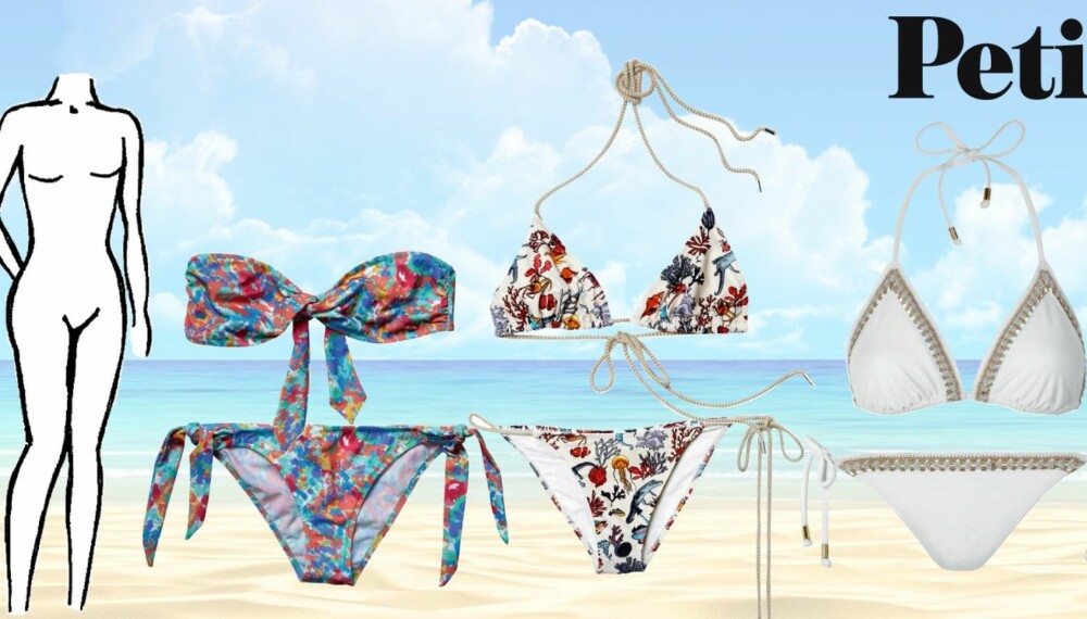 BIKINITIPS FOR DEG SOM ER LITEN OG NETT: Bikini med tubetopp fra Pepe Jeans, kr 549,-, Mønsterbikini fra Lacoste, kr 1299,-, Trekantbikini fra H&M, kr 129,- og 99,- BIKINITIPS FOR DEG SOM ER LITEN OG NETT: Bikini med tubetopp fra Pepe Jeans, kr 549,-, Mønsterbikini fra Lacoste, kr 1299,-, Trekantbikini fra H&M, kr 129,- og 99,-