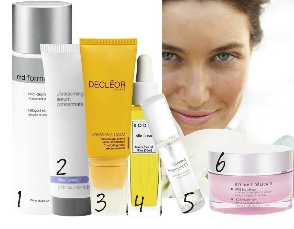 SENSITIV HUD: 1. Oljefri ansiktsrens. Facial Cleanser fra MD Formulations, kr 439,- 2. Beroligende serum fra Dermalogica, kr 625,- 3. Ansiktsmaske som fukter og roer ned huden. Harmonie Calm Milky Gel Mask fra Decléor, kr 399,- 4. Ansiktsolje som gir fukt og glød til huden. Olio Russo Luxury Face Oil fra Rodin, kr 950,- 5. Stabiliserende ansiktsspray. Intensive Treatment 03 fra Dr. Hauschka, kr 380,- 6. Multiaktiv fuktighetskrem. Résponse Délicate SOS Nutrition fra Matis, kr 559,- SENSITIV HUD: 1. Oljefri ansiktsrens. Facial Cleanser fra MD Formulations, kr 439,- 2. Beroligende serum fra Dermalogica, kr 625,- 3. Ansiktsmaske som fukter og roer ned huden. Harmonie Calm Milky Gel Mask fra Decléor, kr 399,- 4. Ansiktsolje som gir fukt og glød til huden. Olio Russo Luxury Face Oil fra Rodin, kr 950,- 5. Stabiliserende ansiktsspray. Intensive Treatment 03 fra Dr. Hauschka, kr 380,- 6. Multiaktiv fuktighetskrem. Résponse Délicate SOS Nutrition fra Matis, kr 559,-