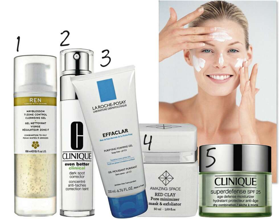 KOMBINERT HUD: 1. Gjenopprettende og mattende ansiktskrem. T-zone Balancing Day Fluid fra Ren, kr 299,- 2. Serum som skal motvirke og redusere pigmentflekker og ujevn hudtone. Even Better Clinical Dark Spot Corrector fra Clinique, kr 425,- 3. Såpefri rens. Effaclar Purifying Foaming Gel fra La Roche Posay, kr 169,- 4. Rødleiremaske for problemhud. Red Clay Pore Minimizer Mask & Exfoliator fra Amazing Space, kr 270,- 5. Beskyttende antialdringsdagkrem. Superdefence Dry Combination fra Clinique, kr 449,- KOMBINERT HUD: 1. Gjenopprettende og mattende ansiktskrem. T-zone Balancing Day Fluid fra Ren, kr 299,- 2. Serum som skal motvirke og redusere pigmentflekker og ujevn hudtone. Even Better Clinical Dark Spot Corrector fra Clinique, kr 425,- 3. Såpefri rens. Effaclar Purifying Foaming Gel fra La Roche Posay, kr 169,- 4. Rødleiremaske for problemhud. Red Clay Pore Minimizer Mask & Exfoliator fra Amazing Space, kr 270,- 5. Beskyttende antialdringsdagkrem. Superdefence Dry Combination fra Clinique, kr 449,-