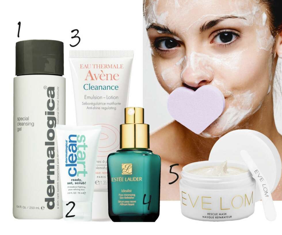 FET HUD: 1. Ansiktsrens for uren hud. Special Cleansing Gel fra Dermalogica, kr 270,- 2. Rensende og mattende ansiktsmaske. Clean Start ready, set scrub! fra Dermalogica, kr 209,- 3. Fuktighetskrem for fet hud. Anti-Shine Regulating Lotion fra Avène, kr 189,- 4. Serum som minsker porer. Idealist Pore Minimizing Skin Refinisher fra Estée Lauder, kr 461,- 5. Dyptrensende ansiktsmaske. Rescue Mask fra Eve Lom, kr 635,- FET HUD: 1. Ansiktsrens for uren hud. Special Cleansing Gel fra Dermalogica, kr 270,- 2. Rensende og mattende ansiktsmaske. Clean Start ready, set scrub! fra Dermalogica, kr 209,- 3. Fuktighetskrem for fet hud. Anti-Shine Regulating Lotion fra Avène, kr 189,- 4. Serum som minsker porer. Idealist Pore Minimizing Skin Refinisher fra Estée Lauder, kr 461,- 5. Dyptrensende ansiktsmaske. Rescue Mask fra Eve Lom, kr 635,-