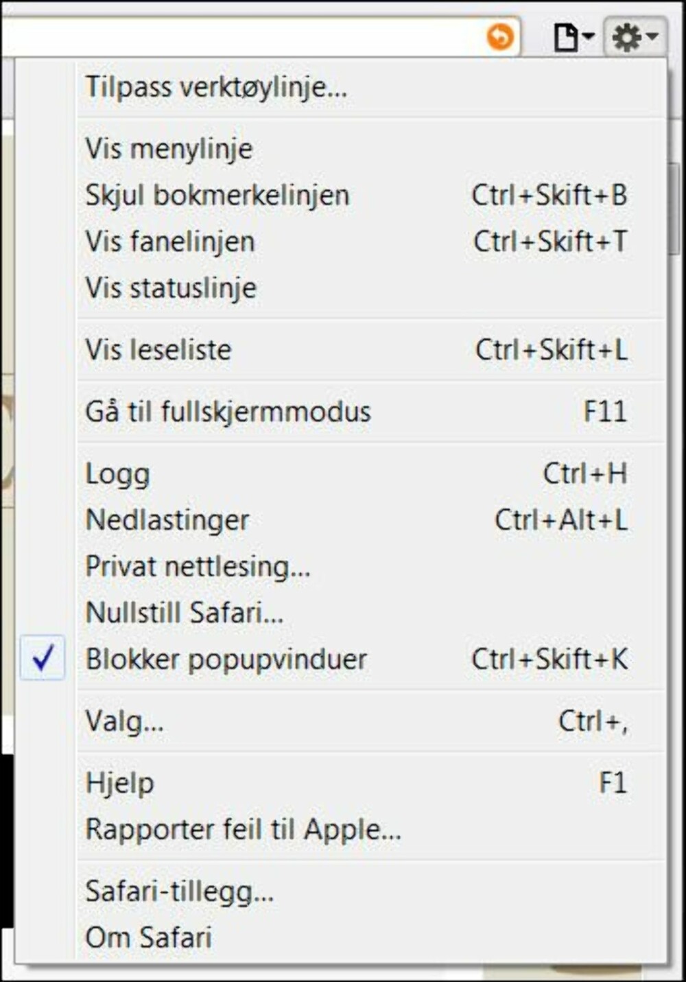 INNSTILLINGER: Bak tannhjulet øverst til venstre finner du Safaris innstillingsmuligheter. INNSTILLINGER: Bak tannhjulet øverst til venstre finner du Safaris innstillingsmuligheter.