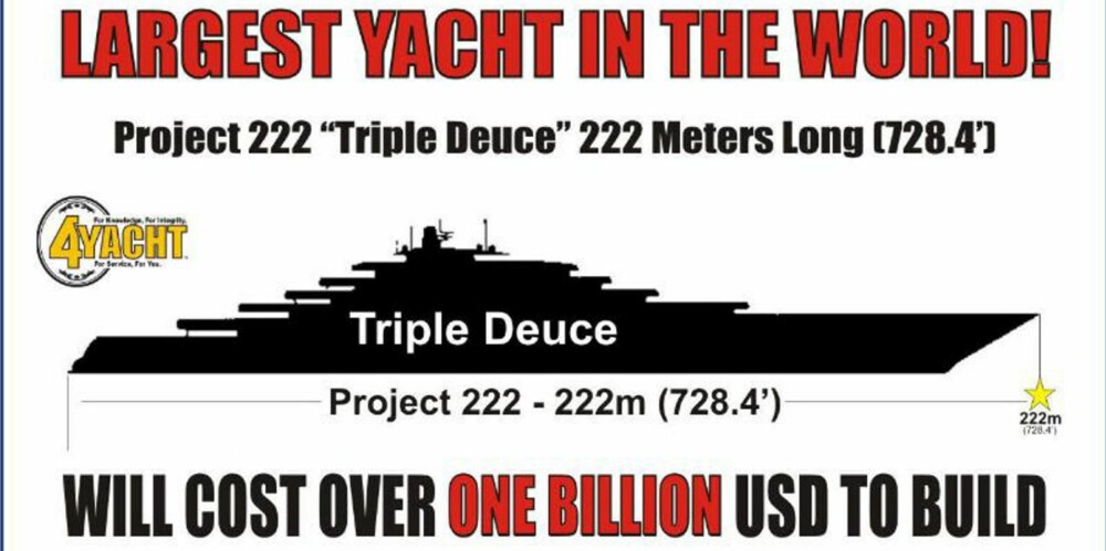STØRST: ""Triple Deuce"" skal bli verdens største og dyreste yacht ifølge megleren 4Yacht i Florida. STØRST: ""Triple Deuce"" skal bli verdens største og dyreste yacht ifølge megleren 4Yacht i Florida.