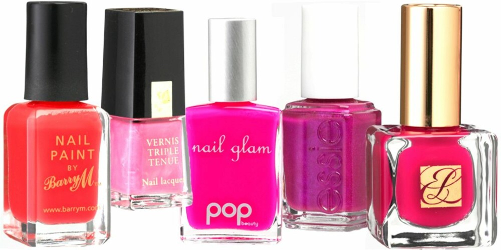FRA VENSTRE: Barry M, Neon Pink (kr 140), Lancôme (kr 185), Pop Beauty, Nail Glam Pinky (kr 85), Essie, jewel nr. 515 (kr 149), Esteè Lauder Pure Color in Fuschia (kr 175) FRA VENSTRE: Barry M, Neon Pink (kr 140), Lancôme (kr 185), Pop Beauty, Nail Glam Pinky (kr 85), Essie, jewel nr. 515 (kr 149), Esteè Lauder Pure Color in Fuschia (kr 175)