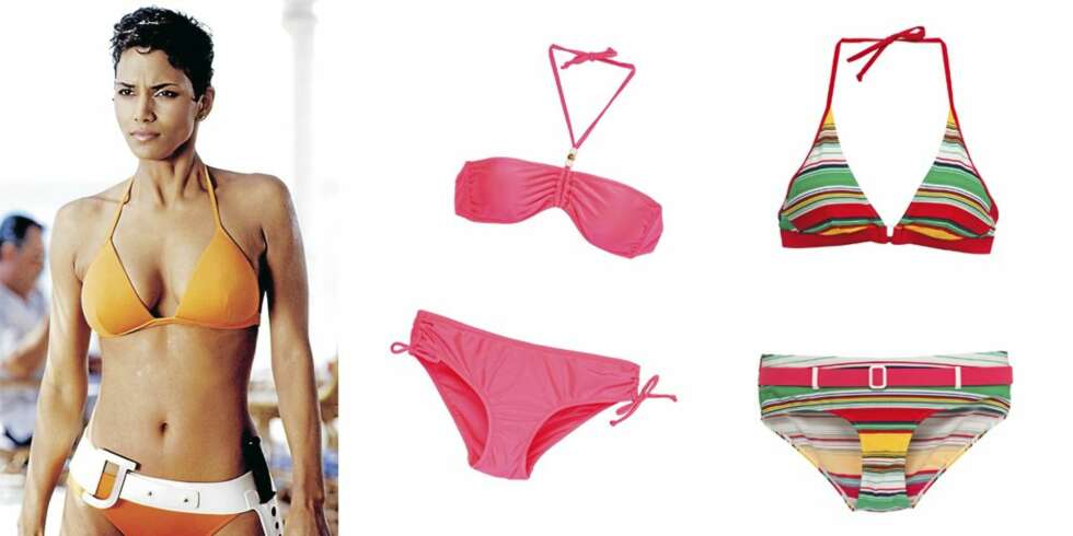 FIN I BIKINI: (Fra venstre) Halle Berry i bikini i Bond-filmen Die Another Day. Neonrosa bikini fra Gina Tricot. Stripete bikini fra KappAhl. FIN I BIKINI: (Fra venstre) Halle Berry i bikini i Bond-filmen Die Another Day. Neonrosa bikini fra Gina Tricot. Stripete bikini fra KappAhl.