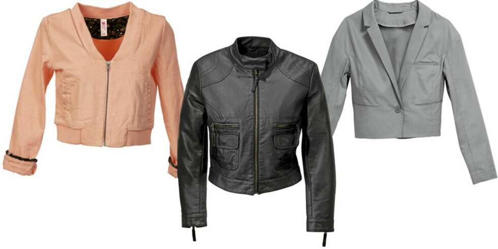 FRA VENSTRE: Fersekfarget jakke fra Gina Tricot (kr 349), svart jakke fra JSFN by Ellos (kr 499), kort blazer fra H&M (kr 398). FRA VENSTRE: Fersekfarget jakke fra Gina Tricot (kr 349), svart jakke fra JSFN by Ellos (kr 499), kort blazer fra H&M (kr 398).