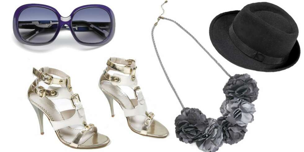STYLE OPP antrekket med lekkert tilbehør. Fra venstre: Kule solbriller hører med, fra Pucci, kr 3078. Høyhælte gladiatorsandaler i hvitt og gull, fra Bianco, kr 1100. Smykke med blomster fra Accessorize, kr 289. Svart hatt fra Oasis, kr 349. STYLE OPP antrekket med lekkert tilbehør. Fra venstre: Kule solbriller hører med, fra Pucci, kr 3078. Høyhælte gladiatorsandaler i hvitt og gull, fra Bianco, kr 1100. Smykke med blomster fra Accessorize, kr 289. Svart hatt fra Oasis, kr 349.