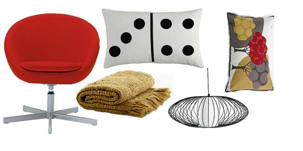 LAVBUDSJETT: Svingstolen Skruva fra Ikea, kr. 799,-. Putetrekk med trykk av dominobrikke Fra H&M Home, 30 x 50 cm, kr 80. Sennepsfarget pledd i ull- og akrylblanding fra Ellos, kr 399. Puten Park fra Ellos, 30 x 50 cm, kr 198 for sett med 2 stk. Taklampe med organisk form fra Åhléns, kr 795,-. LAVBUDSJETT: Svingstolen Skruva fra Ikea, kr. 799,-. Putetrekk med trykk av dominobrikke Fra H&M Home, 30 x 50 cm, kr 80. Sennepsfarget pledd i ull- og akrylblanding fra Ellos, kr 399. Puten Park fra Ellos, 30 x 50 cm, kr 198 for sett med 2 stk. Taklampe med organisk form fra Åhléns, kr 795,-.