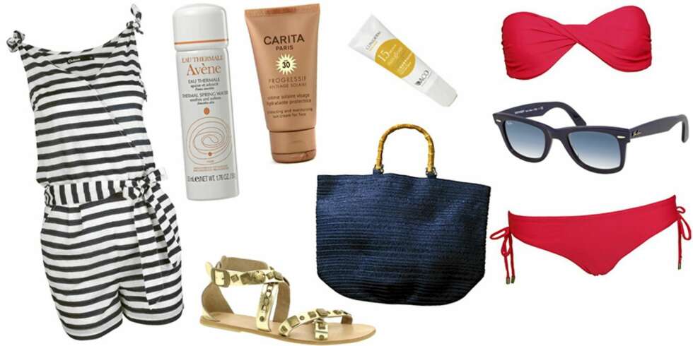 FRA VENSTRE: Playsuite fra Cubus (kr 249), Avene Thermal Spring Water (kr 104), sandal fra Asos (kr 264), Carita Prosessif Anti-Age Solaire (kr 675), Cliniderm Sun Gloss (kr 114), veske fra H&M (kr 99), bikini fra Wonderland(kr 298) og solbriller fra Ray Ban (kr 793). FRA VENSTRE: Playsuite fra Cubus (kr 249), Avene Thermal Spring Water (kr 104), sandal fra Asos (kr 264), Carita Prosessif Anti-Age Solaire (kr 675), Cliniderm Sun Gloss (kr 114), veske fra H&M (kr 99), bikini fra Wonderland(kr 298) og solbriller fra Ray Ban (kr 793).