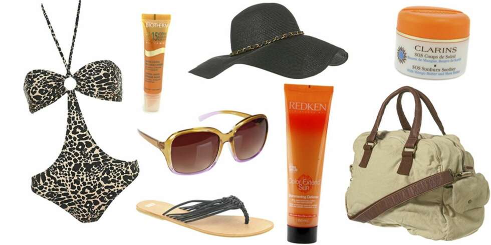 FRA VENSTRE: Badedrakt fra Topshop (kr 264), Biotherm Sun Radiance Crystal Gloss Extreme Shine (kr 143), solbrille fra Cubus (kr 99), sandal fra Asos (kr 113), hatt fra Topshop (kr 207), Redken Color Extended Sun Shimmering Defence (kr 219), Clarins SOS Sunburn Soother (kr 257,50) og veske fra Topshop (kr 425). FRA VENSTRE: Badedrakt fra Topshop (kr 264), Biotherm Sun Radiance Crystal Gloss Extreme Shine (kr 143), solbrille fra Cubus (kr 99), sandal fra Asos (kr 113), hatt fra Topshop (kr 207), Redken Color Extended Sun Shimmering Defence (kr 219), Clarins SOS Sunburn Soother (kr 257,50) og veske fra Topshop (kr 425).