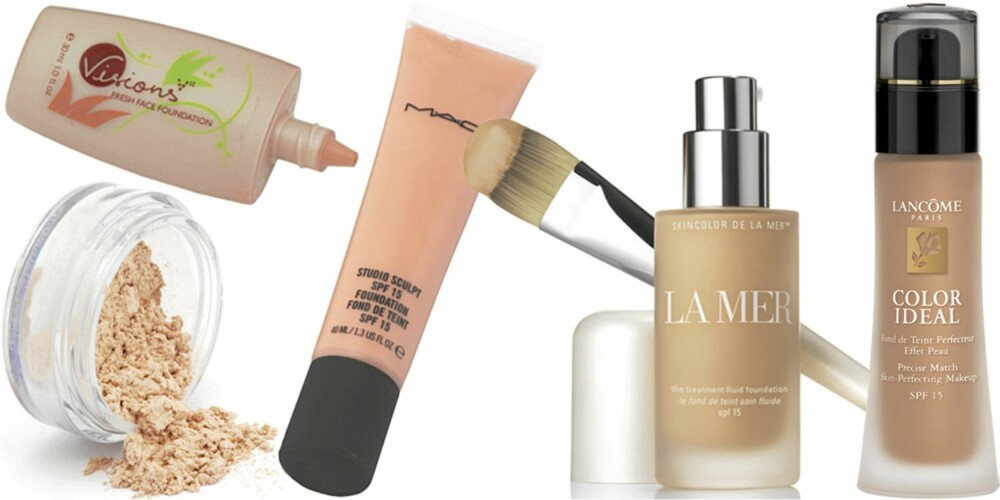 FRA VENSTRE: I.d. Bare Minerals Flawless Radiance (kr 429), Oriflame Visions Fresh Face Foundation (kr 115), Mac Studio Sculpt spf 15 Foundation (kr 245), La Mer The Treatment Fluid Foundation (kr 560, kr 310 for pensel), Lancôme Color Ideal Foundation (kr 365). FRA VENSTRE: I.d. Bare Minerals Flawless Radiance (kr 429), Oriflame Visions Fresh Face Foundation (kr 115), Mac Studio Sculpt spf 15 Foundation (kr 245), La Mer The Treatment Fluid Foundation (kr 560, kr 310 for pensel), Lancôme Color Ideal Foundation (kr 365).