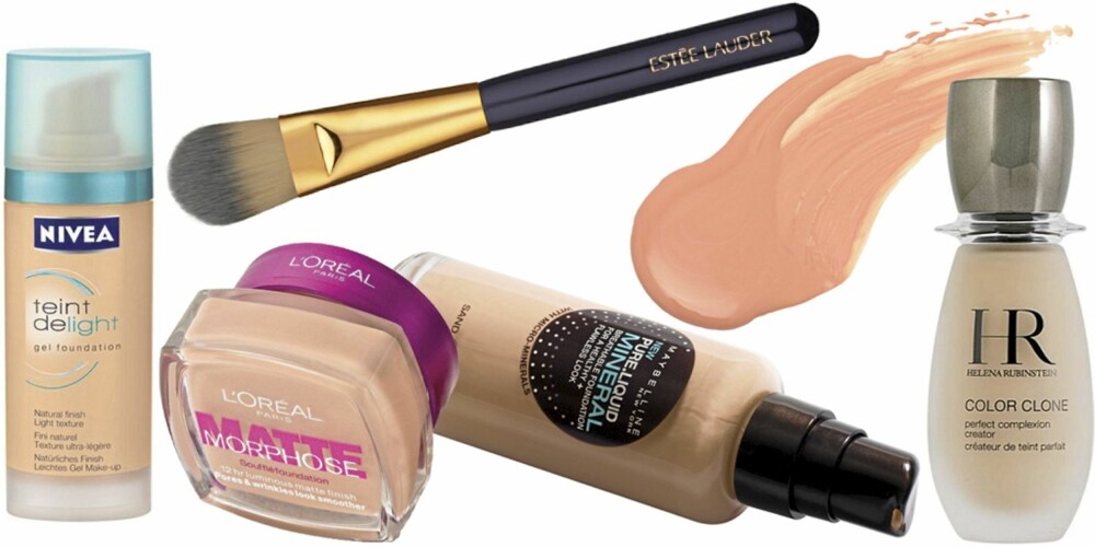 FRA VENSTRE: Nivea Teint Delight Gel Foundation (kr 139), L'Oréal Matte Morphose Sufflé Foundation (kr 179), Estée Lauder foundationkost (kr 325), Maybelline Pure Liquid Mineral Foundation (kr 159), Chanel Vitalumiere Satin Smoothing Fluid Makeup (kr 410), Helena Rubinstein Color Clone Foundation (kr 430). FRA VENSTRE: Nivea Teint Delight Gel Foundation (kr 139), L'Oréal Matte Morphose Sufflé Foundation (kr 179), Estée Lauder foundationkost (kr 325), Maybelline Pure Liquid Mineral Foundation (kr 159), Chanel Vitalumiere Satin Smoothing Fluid Makeup (kr 410), Helena Rubinstein Color Clone Foundation (kr 430).