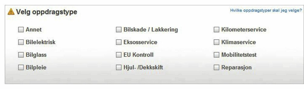 ALT MULIG: Skjemaet du finner på mittanbud.no, viser at du kan legge alle mulige slags bilreperasjoner ut på anbud. FOTO: Skjermdropp mittanbud.no ALT MULIG: Skjemaet du finner på mittanbud.no, viser at du kan legge alle mulige slags bilreperasjoner ut på anbud. FOTO: Skjermdropp mittanbud.no
